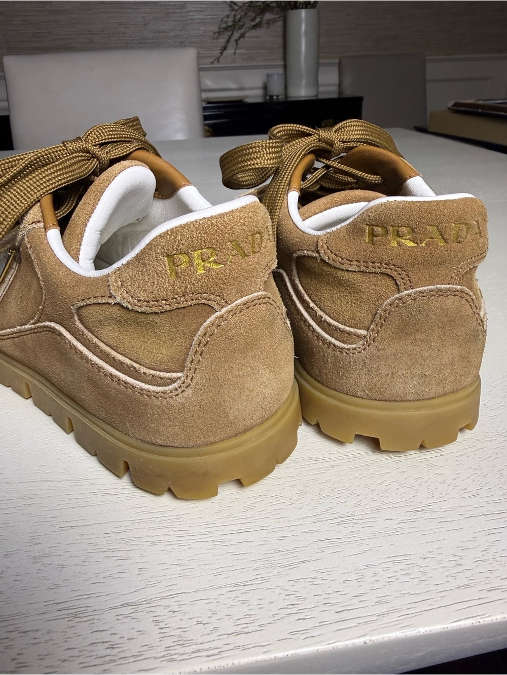 Prada Woman’s Suede Sneakers in Brown with Gold Logo - Picture 4 of 6